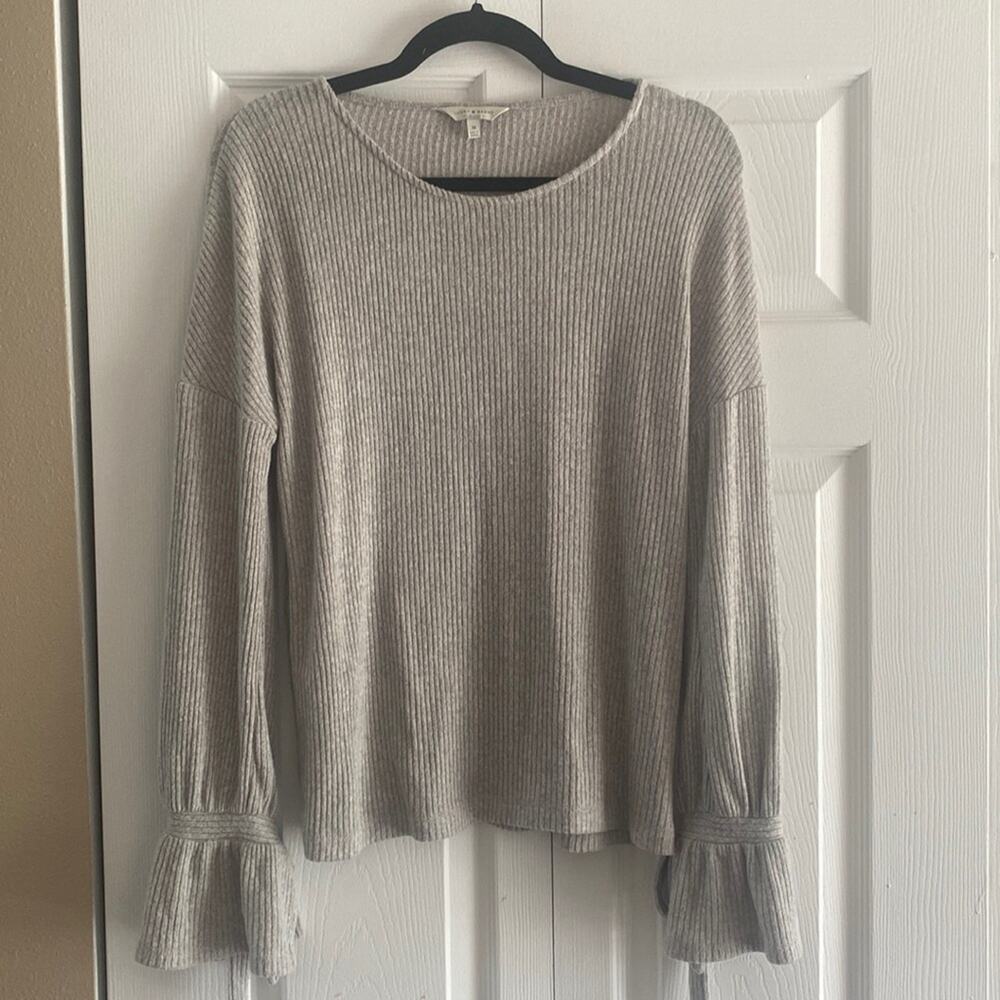 Lucky Brand‎ Womens Medium Gray Ribbed Pullover Bell Tie Sleeve Top